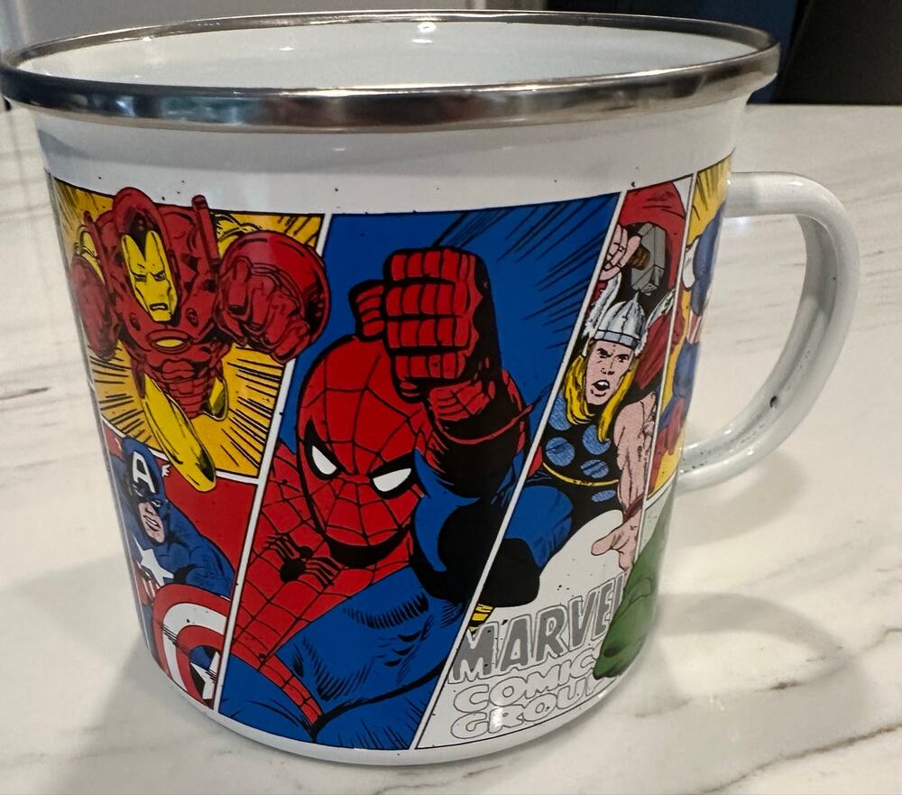 Marvel Comics 21oz Enamel Camper Mug Silver Buffalo Spider-Man Iron Man Captain